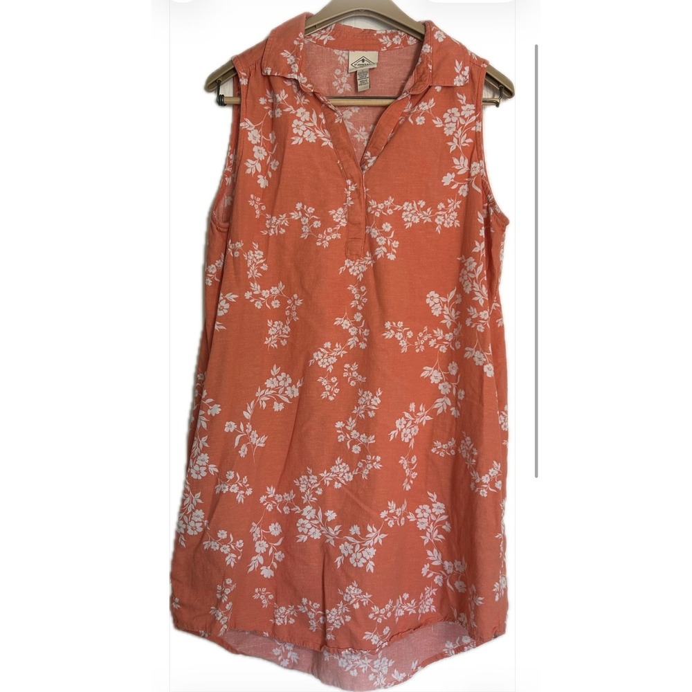 St Johns Bay Womens Coral Floral Linen Blend Sleeveless Shift Dress Large